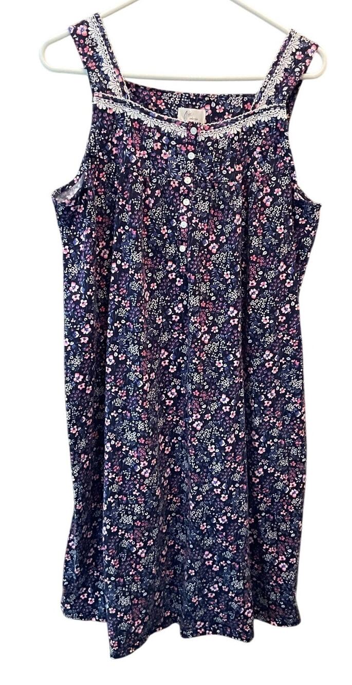 NWOT ARIA 100% Cotton Nightgown Size Large Blue Floral Sleeveless Lace Trim